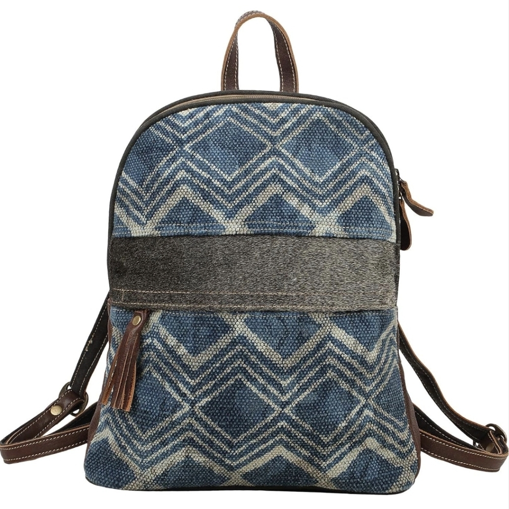 Myra Bag Blue Breeze Upcycled Canvas Cowhide Leather Backpack Purse Hairon Bag